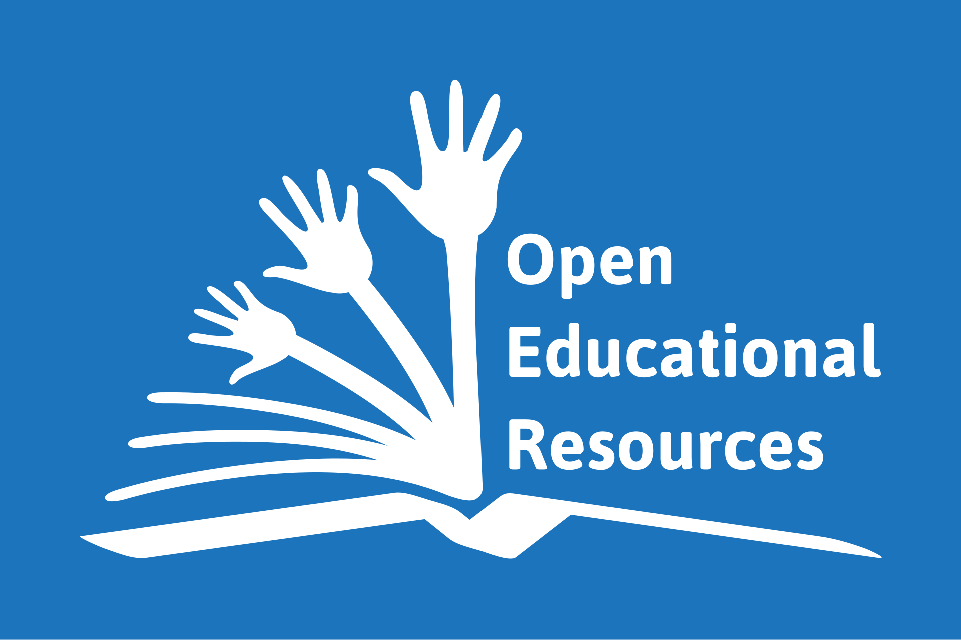 Open Educational Resources Logo, shows white hands extending from a book